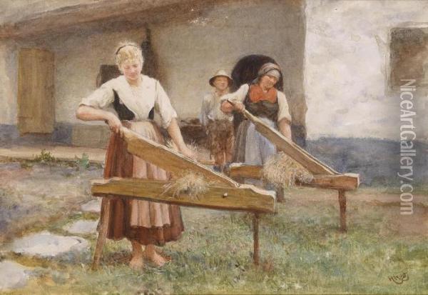 Young Country Women Breaking Flax Oil Painting - Sir Hubert von Herkomer