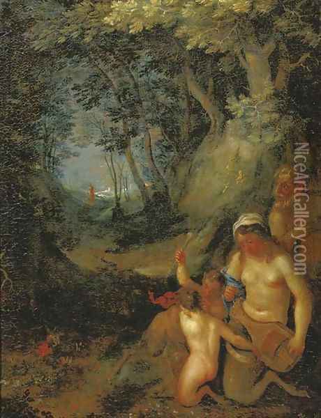 A wooded landscape with satyrs and a nymph playing music Oil Painting - Cornelis Van Poelenburgh