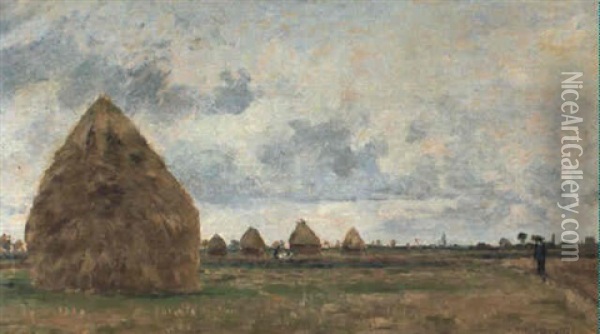 Paysage, Plaine Avec Meules A Gauche Oil Painting - Camille Pissarro