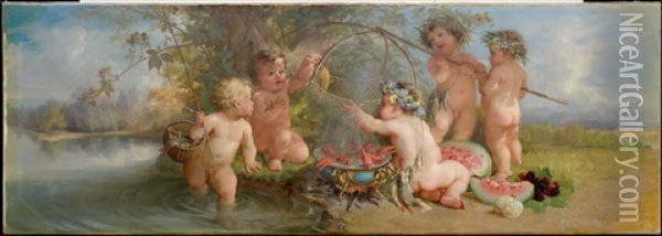 Allegory With Five Putti At A River Oil Painting - Friedrich Sturm