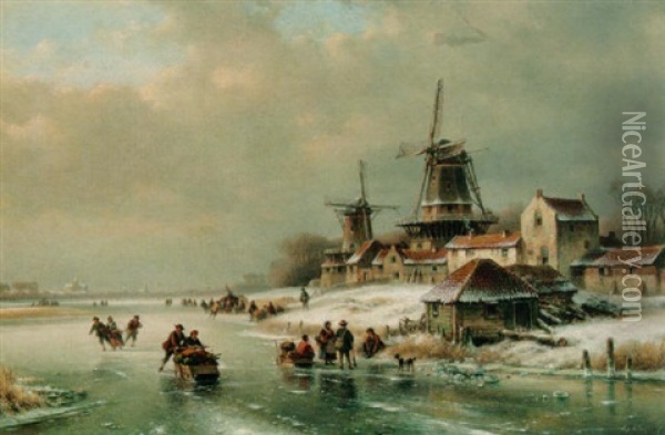 A Winter Landscape With Figures On A Frozen River Oil Painting - Lodewijk Johannes Kleijn