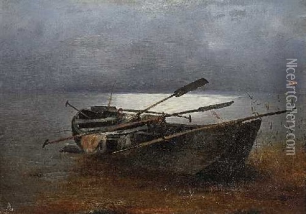 Fischerkahn Am Nachtlichen Seeufer Oil Painting - Lothar Meggendorfer