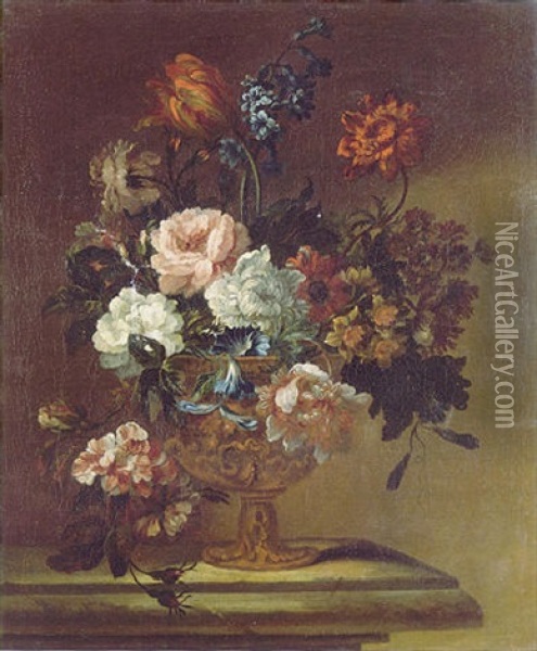A Still Life Of Roses, Hyacinths, Convolvulus, Narcissi, Tulips And Other Flowers In A Sculpted Bronze Vase On A Ledge Oil Painting - Pieter Casteels III