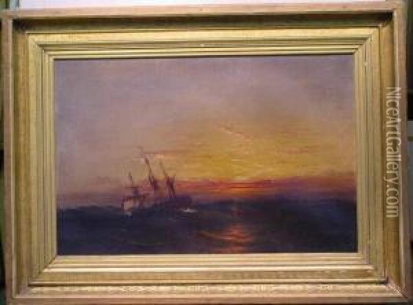 Ship At Sea, Sunset Oil Painting - James Hamilton