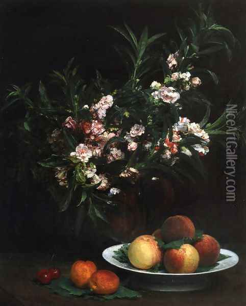 Still Life Impatiens, Peaches and Apricots Oil Painting - Ignace Henri Jean Fantin-Latour