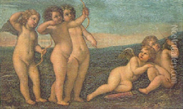 Five Putti In A Landscape, Playing With Bows And Arrows Oil Painting - Francesco Albani