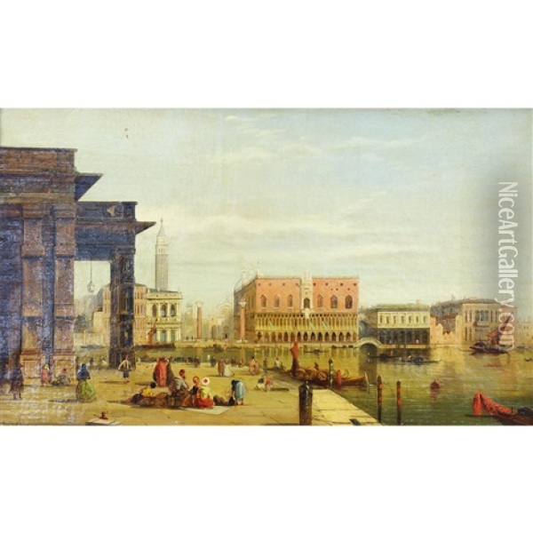 Venice With The Ducal Palace And The Campanile Tower And Grand Canal With Campanille Tower And Spectators (pair) Oil Painting - Alfred Pollentine
