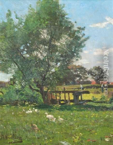 Sommerlandschaft Mit Enten Oil Painting - Adolf Lins