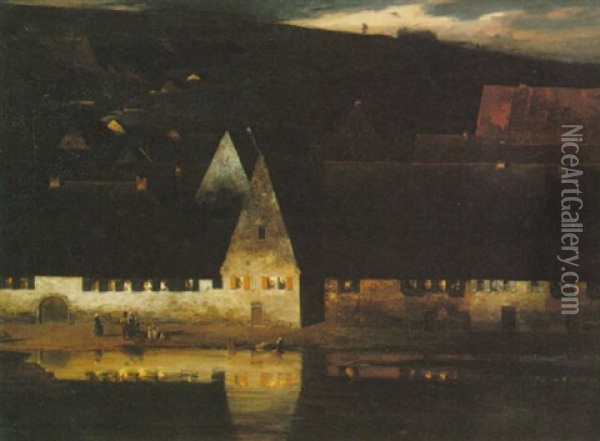 A Lakeside House By Night Oil Painting - Paul Wilhelm Keller-Reutlingen