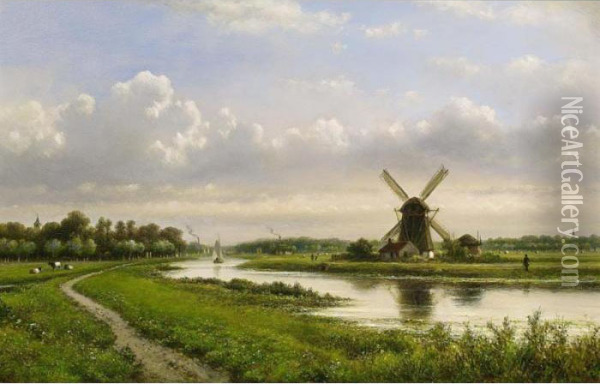 A Summer Landscape With A Windmill Along A Waterway Oil Painting - Lodewijk Johannes Kleijn