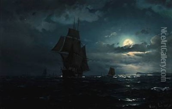 Seascape With Sailing Ships In Moonlight Oil Painting - Vilhelm Victor Bille