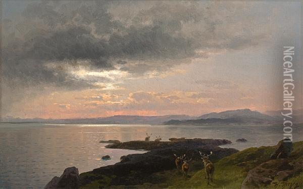 Twighlight Over A Lake Oil Painting - Herman Herzog