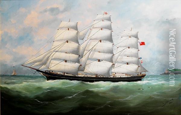 The Full-rigger King Ceolric Running Down The Coast Under Full Sail Oil Painting - Marie-Edouard Adam Of Le Havre