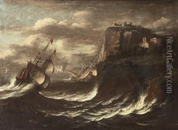 Shipping Foundering In Stormy Seas Off A Rocky Coastline Oil Painting - Bartolomeo Pedon