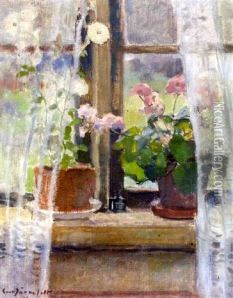 Kukkia Ikkunalaudalla Oil Painting - Eero Jaernefelt
