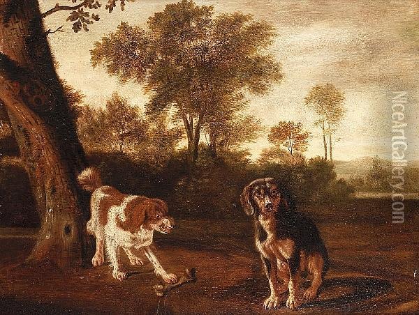 Two Dogs In A Landscape Oil Painting - Dirck Wyntrack