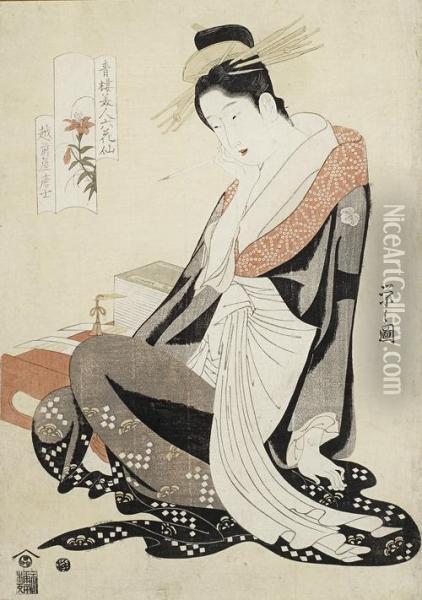 The Courtesan Morokoshi In Nightclothes Seated At A Low Writing Desk With Her Left Hand Supporting Her Body And Right Hand Touching Her Cheek As She Ponders What To Write Oil Painting - Chobunsai Eishi