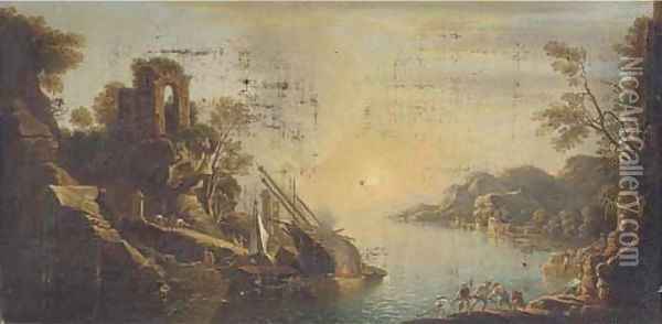 A capriccio of a Mediterranean coastal inlet with shipping and fisherman pulling in the catch Oil Painting - Claude Lorrain (Gellee)