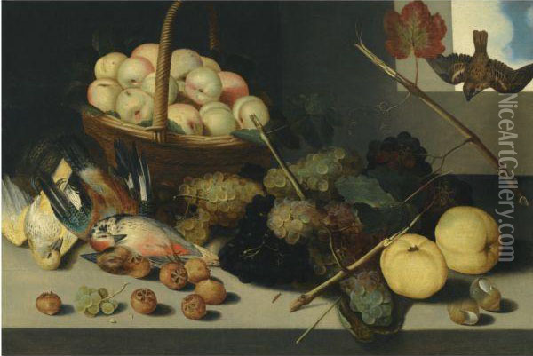 A Still Life With A Basket Of Peaches, Grapes, Snail Shells,medlers And Dead Game, All Arranged Beneath An Open Window Oil Painting - Peter Paul Binoit