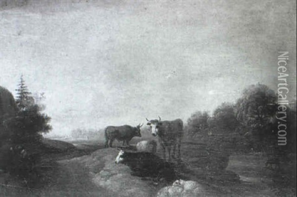 Lagernde Kuh- Und Schafherde In Einer Weiten Stimmungsvollen Landschaft Oil Painting - Johann Friedrich Weitsch