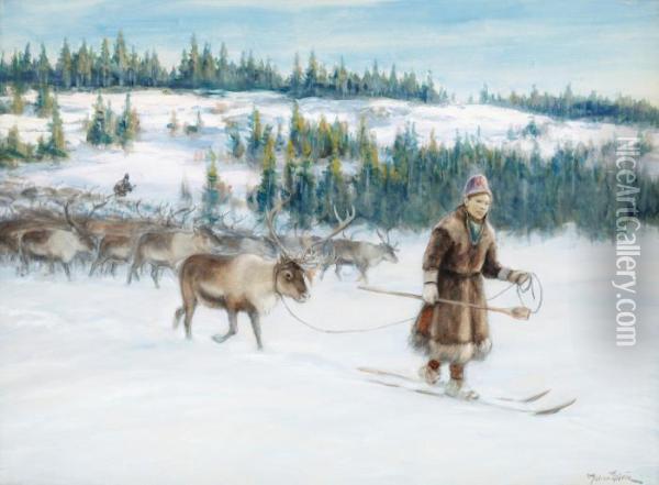 Winter Landscape With Laplanders Andreindeer Oil Painting - Johan Tiren