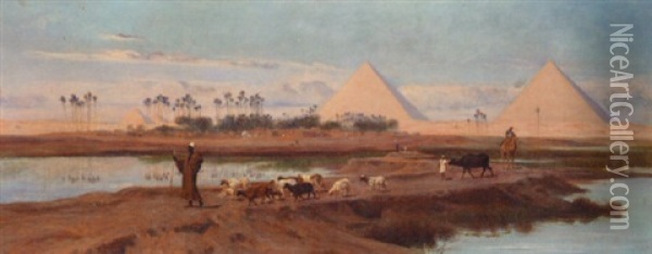 A Shepherd With His Flock Crossing The Nile Oil Painting - Frederick Goodall