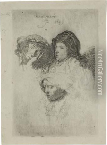 Three Heads Of Women, One Asleep Oil Painting - Rembrandt Van Rijn