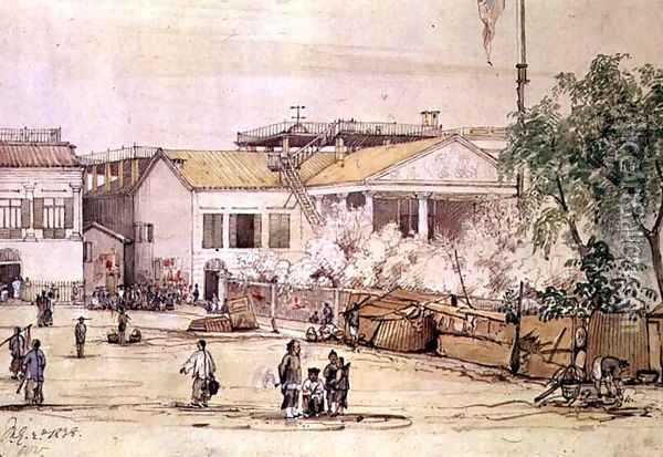 The British Factory on Hog Lane, Canton, 1838 Oil Painting - Werner Varnham