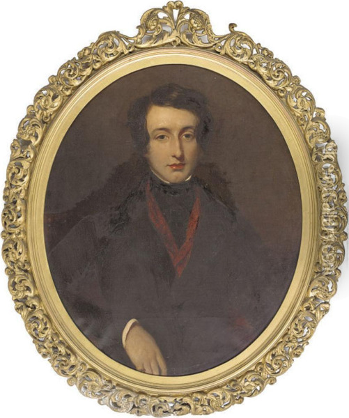 Portrait Of Edward Conroy (1809-1827), Half-length, In A Black Coatand Red Scarf Oil Painting - Frederick Yeates Hurlstone