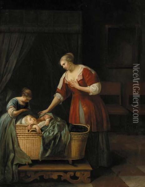 A Mother Watching Over Her Sleeping Baby, With Her Sister, In An Interior Oil Painting - Jacob Ochtervelt