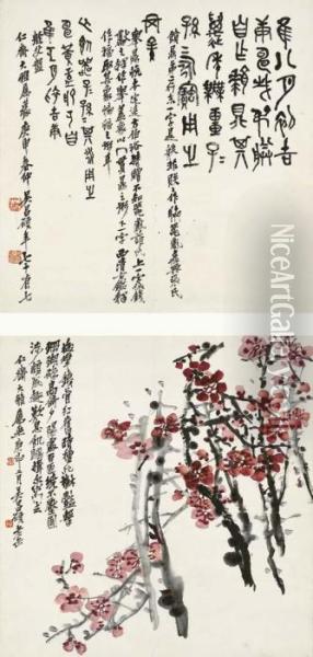 Plum Blossom And Calligraphy Oil Painting - Wu Changshuo