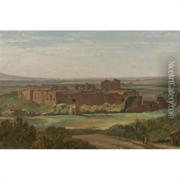 A View Of The Baths Of Caracalla, Rome, With Two Figures In The Foreground Oil Painting - Simon-Joseph-Alexandre Clement Denis