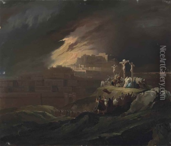 The Crucifixion, With The Burning Jerusalem Beyond Oil Painting - John Martin