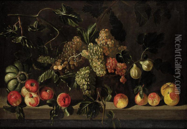 A Still Life Of Bunches Of Grapes And Figs In A Basket, Together With A Pumpkin, Apples, And Pears On A Stone Ledge Oil Painting - Master Of The Acquavella Still Life