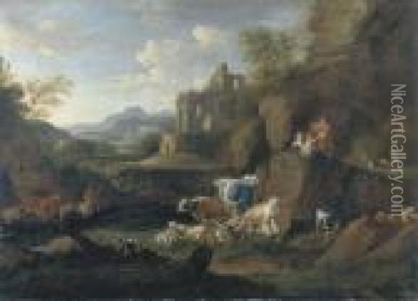 Paesaggio Fluviale Con Pastori, Armenti E Rovine In Lontananza Oil Painting - Johan Heinrich Roos