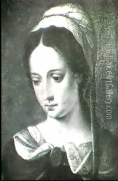 Portrait D'une Jeune Femme En Buste Sur Fond Vert Oil Painting - Jan Van Scorel