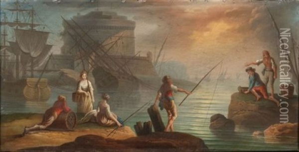 Pecheurs Dans Un Port Mediterraneen Oil Painting - Charles Francois Lacroix