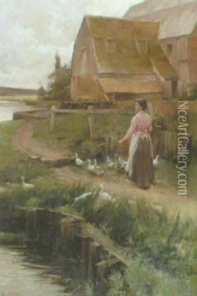 Tending The Ducks Oil Painting - Alfred Glendening Jr.