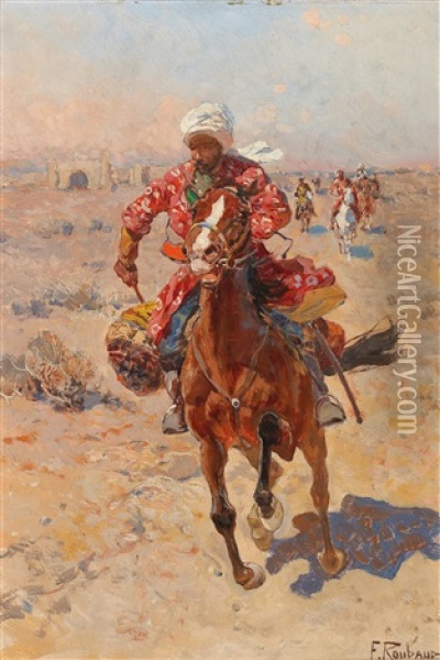 An Oriental Rider In The Desert Oil Painting - Franz Roubaud