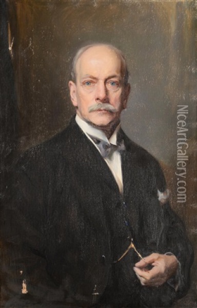 Sir Frederick George Painter, Half Length Wearing A Black Suit And Holding A Pocket Watch Oil Painting - Philip Alexius De Laszlo