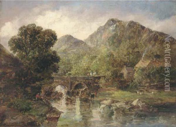 Figures Crossing A Bridge In A Rocky River Landscape Oil Painting - Alfred Vickers