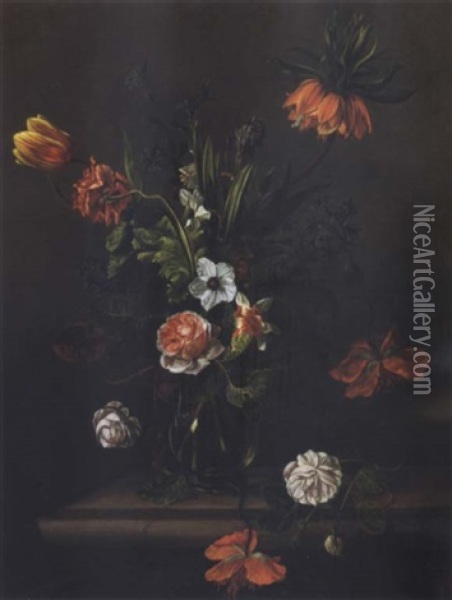 Still Life Of Flowers In A Glass Vase On A Ledge Oil Painting - Anna Elisabeth Ruysch