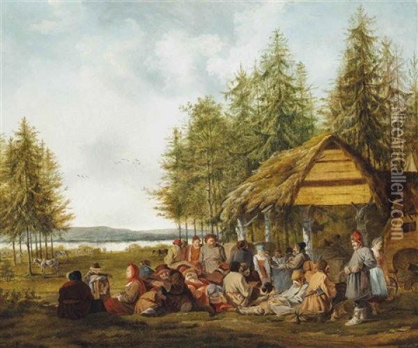 A Wooded River Landscape With Russian Peasants Resting Oil Painting - Charles Eschard