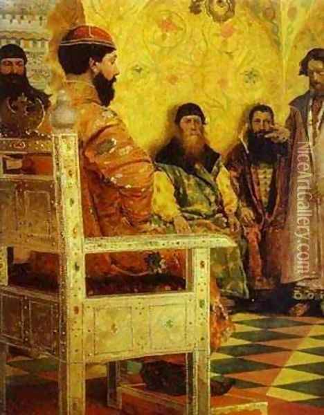 Tzar Mikhail Fedorovich Holding Council With The Boyars In His Royal Chamber 2 1893 Oil Painting - Andrei Petrovich Ryabushkin