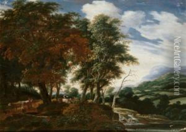 Bewaldete Hugellandschaft Mit Einem Wasserfall Oil Painting - Jacob Salomonsz. Ruysdael