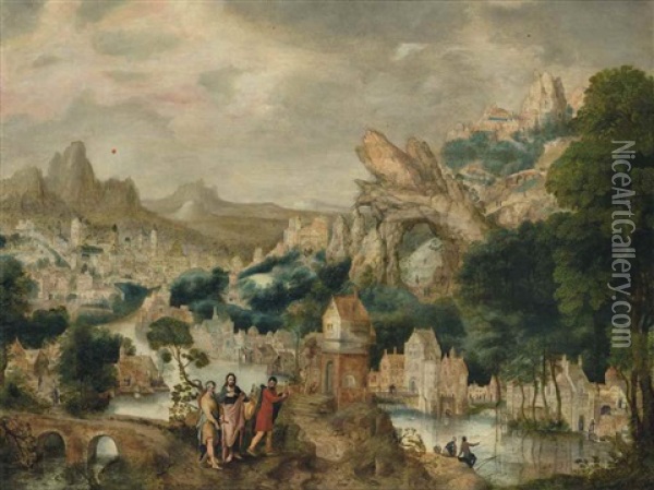 A Mountainous River Landscape With Christ On The Road To Emmaus Oil Painting - Herri met de Bles