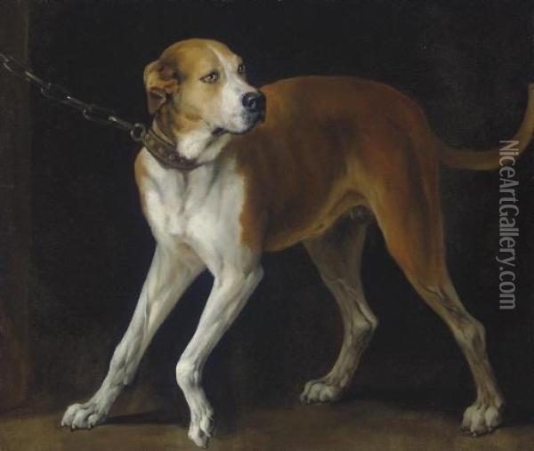 Follower Of Sir Anthony Van Dyck
 A Favorite Hound Held By A Chain
 Oil On Canvas
 38Â½ X 45Â¼ In Oil Painting - Sir Anthony Van Dyck