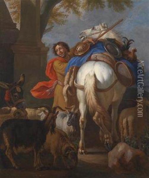 An Armed Man With His Horse And Goats Oil Painting - Pieter van Bloemen