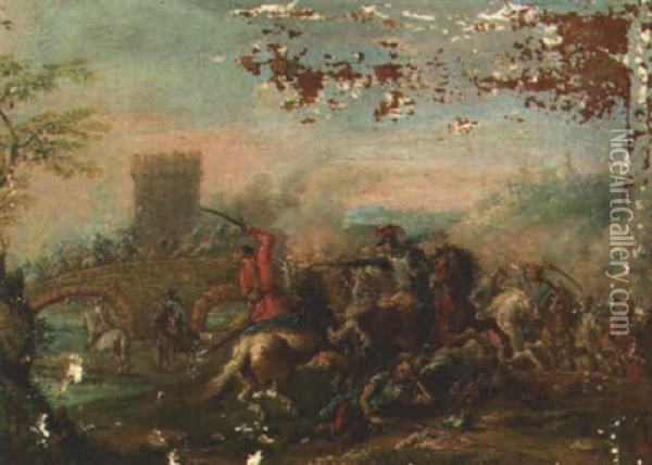 A Cavalry Engagment Near A Bridge Oil Painting - Francesco Simonini