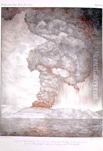 Krakatoa during the earlier stage of the eruption, after a photograph taken in 1883, plate 1 from The Eruption of Krakatoa, 1888 Oil Painting - G. J. Symons